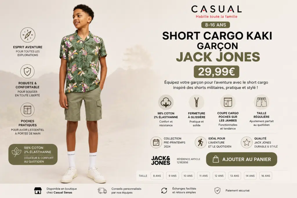 Garçon portant un short cargo kaki Jack & Jones avec chemise imprimée. Un modèle confortable et pratique conçu pour les vacances, les loisirs et les activités de plein air.