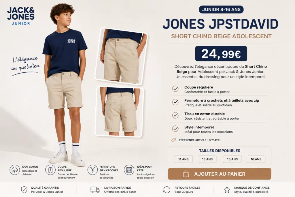 Adolescent portant un short chino beige Jack & Jones Junior JPSTDAVID avec t-shirt bleu marine. Un modèle élégant et confortable adapté aux vacances, aux sorties et aux tenues estivales du quotidien.