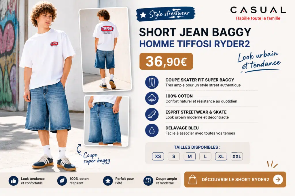 Adolescent portant le short jean baggy Tiffosi RYDER2 bleu délavé avec t-shirt blanc. Une coupe super baggy inspirée de l'univers streetwear et skate pour un look urbain tendance.