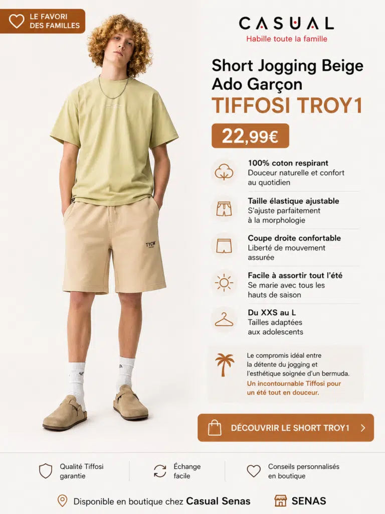 Adolescent portant le short jogging beige Tiffosi TROY1 avec t-shirt assorti. Un modèle confortable en coton conçu pour les vacances, les sorties et le quotidien.