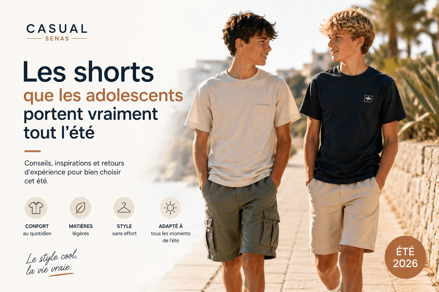 Deux adolescents portant un short cargo et un short chino lors d'une promenade estivale. Inspiration mode ado garçon été 2026 proposée par Casual Senas près de Salon-de-Provence et Cavaillon