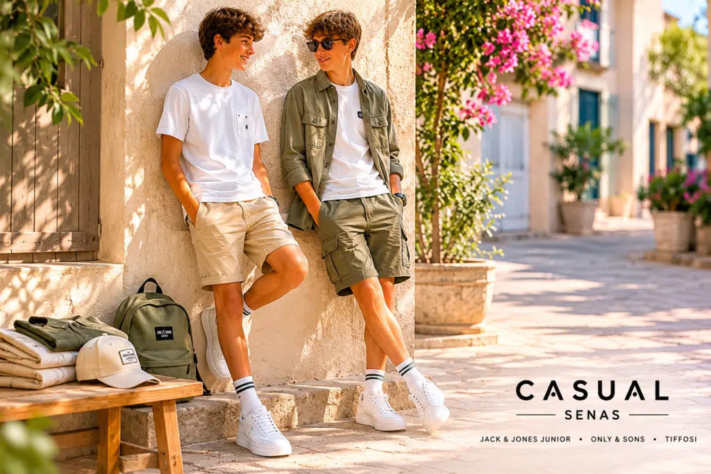 Deux adolescents portant un short chino beige et un short cargo kaki lors d'une promenade estivale en Provence. Inspiration tenue ado garçon proposée par Casual Senas près de Salon-de-Provence et Miramas.