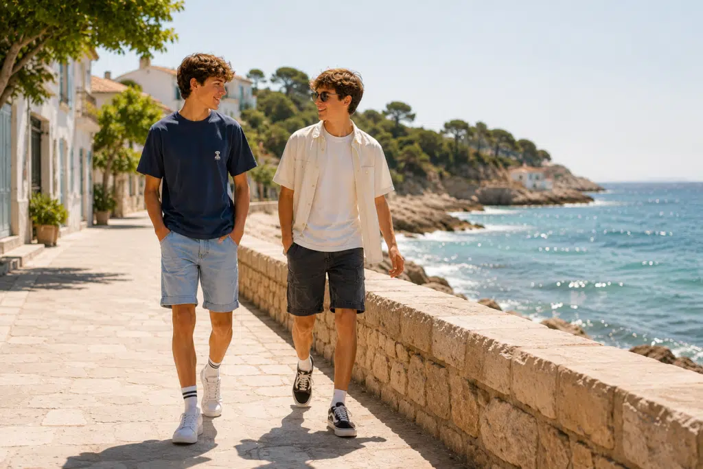 Deux adolescents portant un short en jean et un short cargo lors d'une promenade en bord de mer en Corse. Inspiration tenue ado garçon pour les vacances à Bastia et Ajaccio.