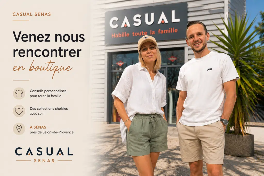 Thomas et Cyrielle devant la boutique Casual Senas à Sénas, spécialisés dans le conseil mode homme, femme, enfant et adolescent près de Salon-de-Provence et Cavaillon.