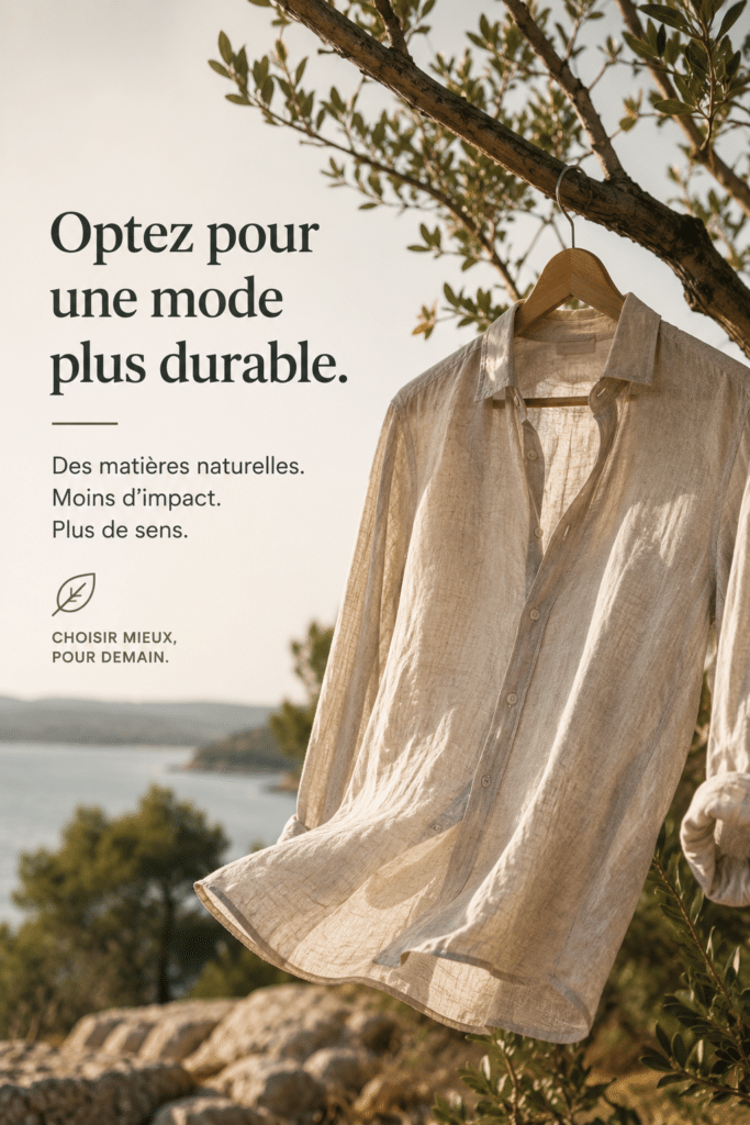 Chemise en matière naturelle suspendue dans un environnement méditerranéen illustrant une mode masculine plus durable et des choix vestimentaires responsables.
