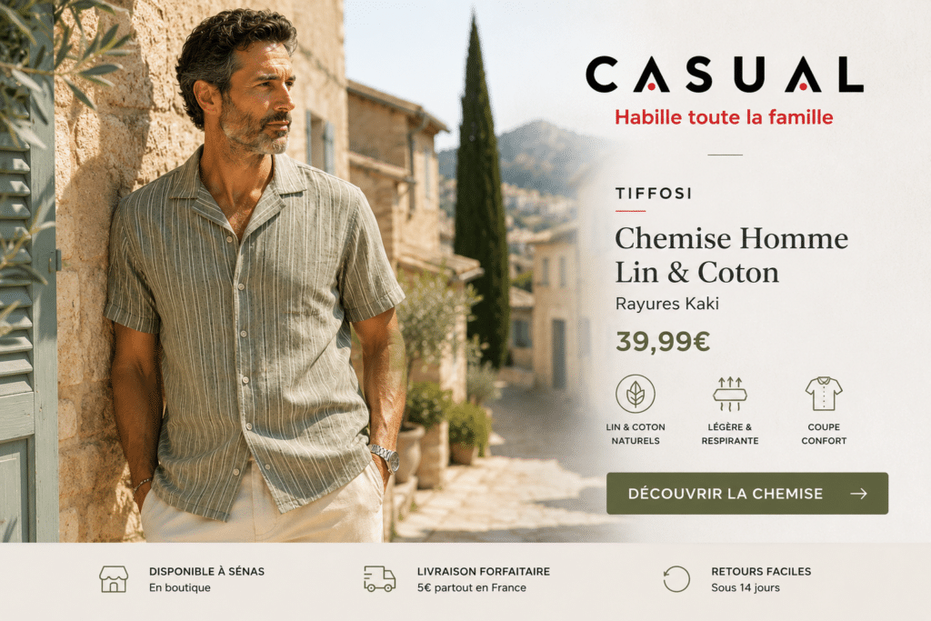 Homme de 45 ans portant une chemise kaki à rayures en lin et coton Tiffosi dans un village provençal