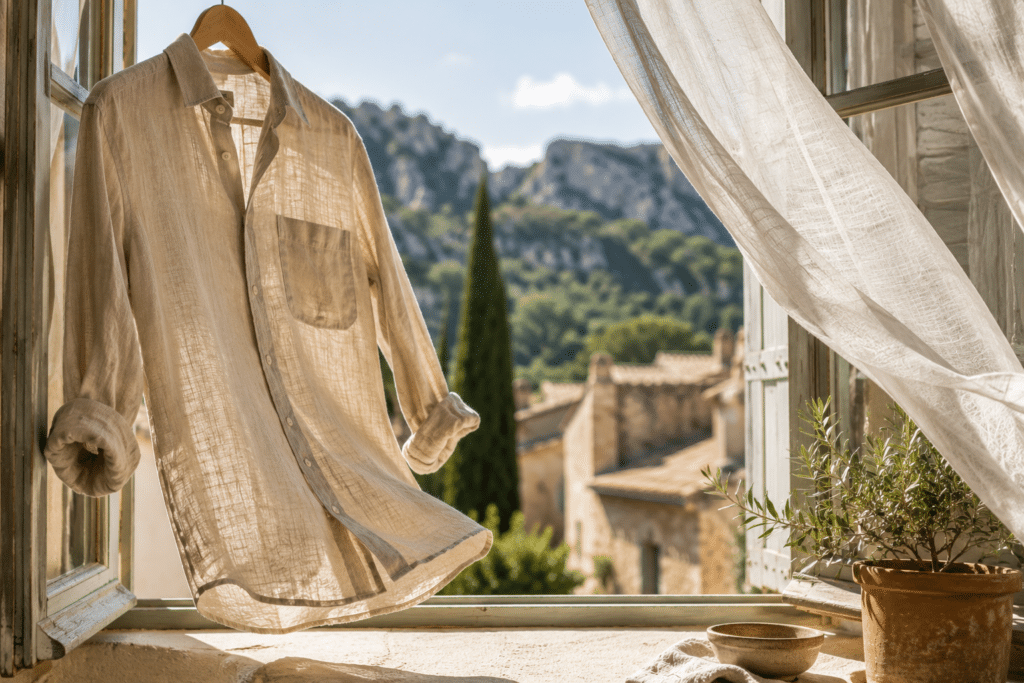 Chemise en lin beige suspendue devant une fenêtre ouverte avec vue sur un village provençal en été