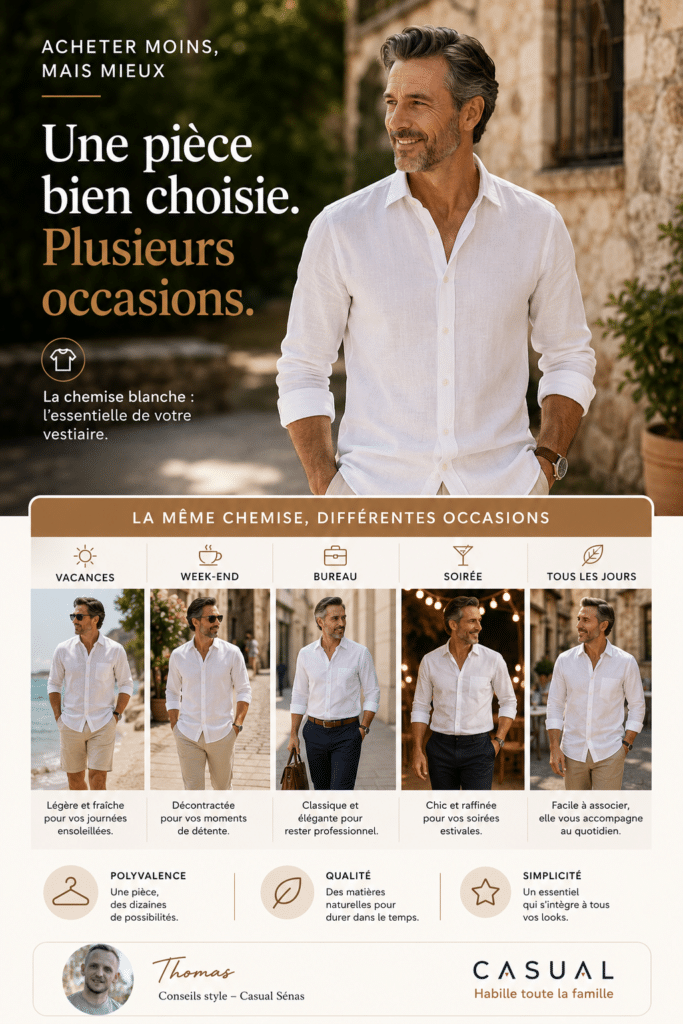 Guide de style homme montrant comment porter une chemise blanche pour les vacances, le week-end, le bureau, une soirée estivale ou au quotidien avec les conseils de Thomas de Casual Sénas.