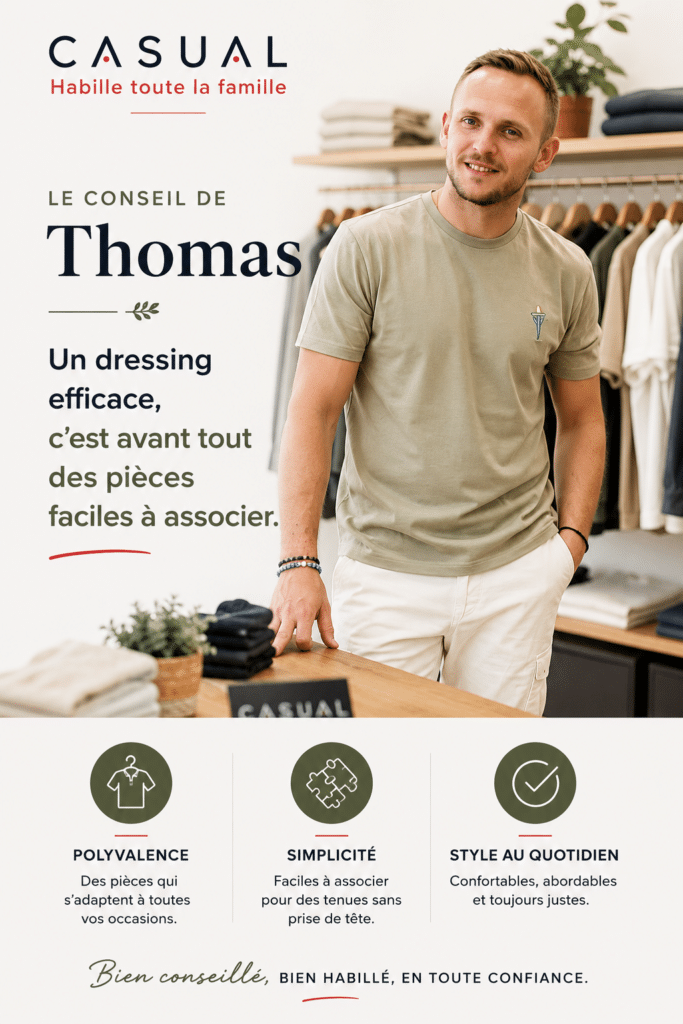 Conseils mode homme de Thomas chez Casual Sénas à Sénas entre Salon-de-Provence et Cavaillon pour créer un dressing polyvalent et facile à porter.