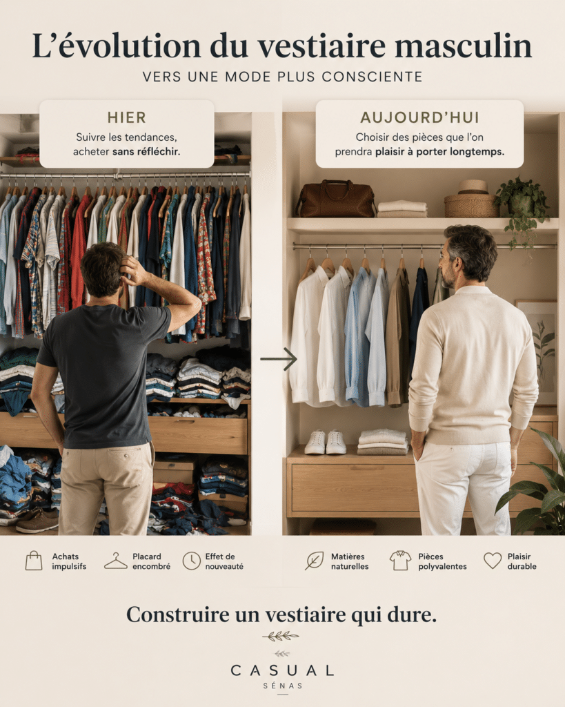 Illustration montrant l'évolution du vestiaire masculin entre un dressing encombré guidé par les tendances et un vestiaire organisé composé de vêtements polyvalents en matières naturelles.