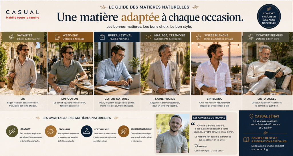 Guide des matières naturelles pour homme proposé par Casual Sénas à Sénas entre Salon-de-Provence et Cavaillon : conseils de Thomas pour choisir la matière adaptée à chaque occasion.