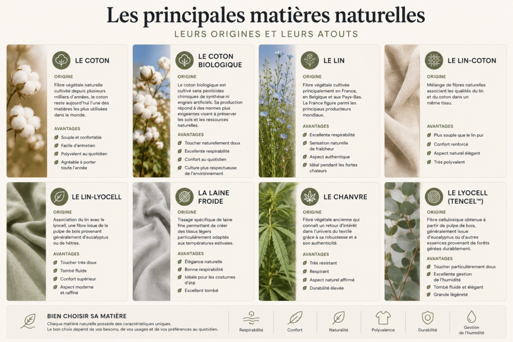 Infographie présentant les principales matières naturelles utilisées dans les vêtements homme : coton, coton biologique, lin, lin-coton, lin-lyocell, laine froide, chanvre et lyocell avec leurs avantages.