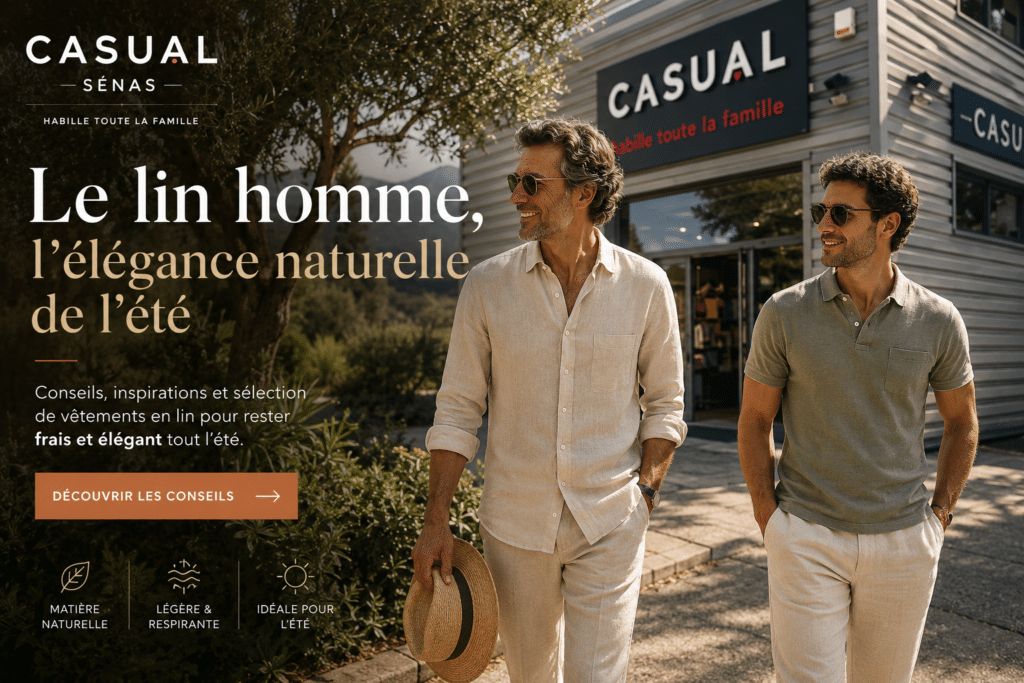 Deux hommes portant des vêtements en lin devant la boutique Casual Sénas pour illustrer l'élégance masculine estivale en Provence