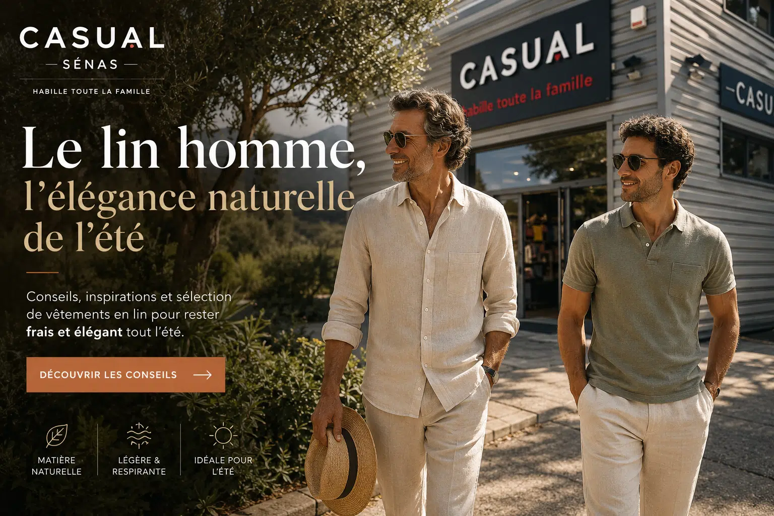 Deux hommes portant des vêtements en lin devant la boutique Casual Sénas pour illustrer l'élégance masculine estivale en Provence