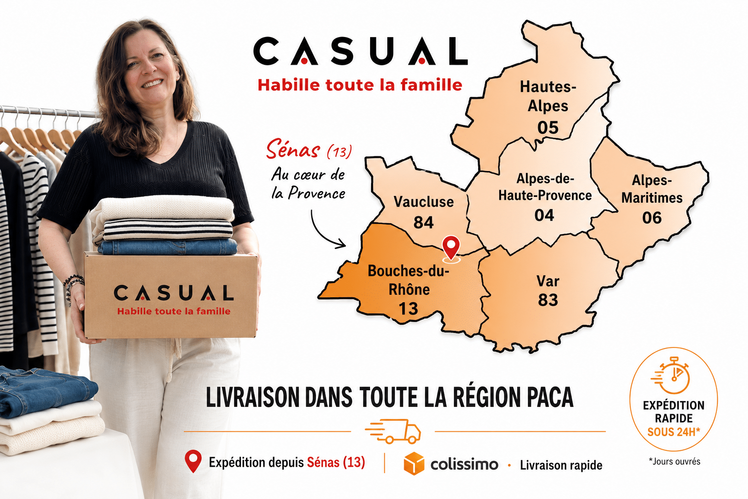 Femme tenant un colis Casual prêt à être expédié depuis Sénas dans les Bouches-du-Rhône avec livraison de vêtements dans toute la région Provence-Alpes-Côte d’Azur.