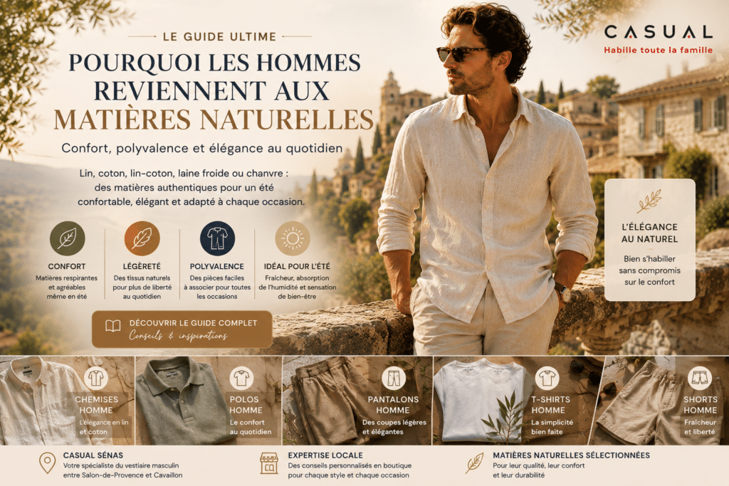 Homme portant une chemise en matière naturelle dans un décor provençal illustrant le retour du lin, du coton et des matières naturelles dans le vestiaire masculin estival proposé par Casual Sénas.