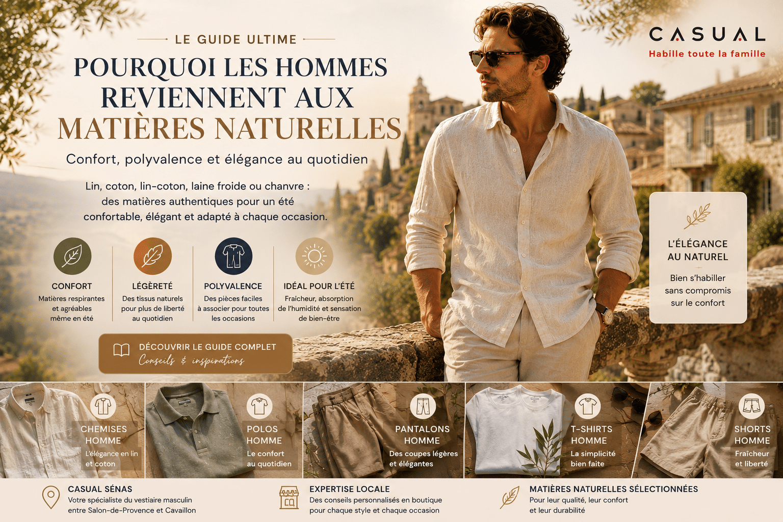 Homme portant une chemise en matière naturelle dans un décor provençal illustrant le retour du lin, du coton et des matières naturelles dans le vestiaire masculin estival proposé par Casual Sénas.