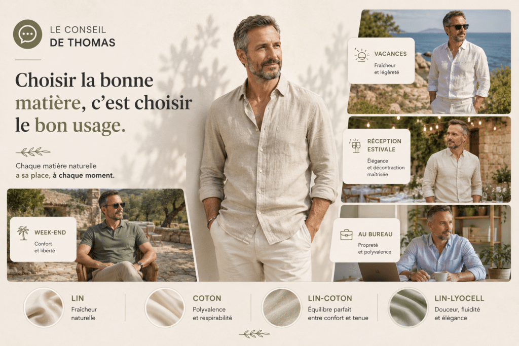 Conseils mode homme proposés par Casual Sénas à Sénas entre Salon-de-Provence et Cavaillon pour choisir la matière naturelle adaptée selon les occasions et le style de vie.