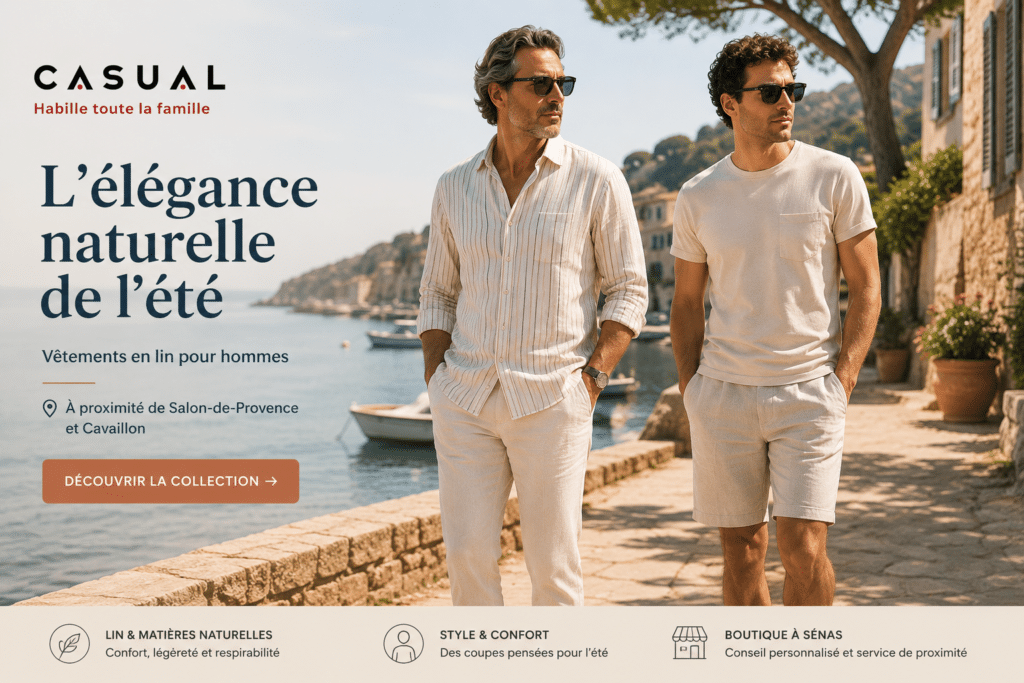 Deux hommes portant des tenues estivales en lin composées d'une chemise et d'un pantalon clair ainsi que d'un tee-shirt et d'un short en lin dans une ambiance méditerranéenne