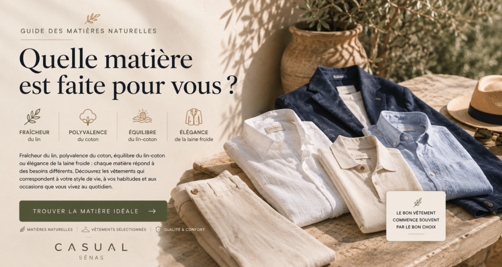 Guide des matières naturelles pour homme présentant des vêtements en lin, coton, lin-coton et laine froide afin de choisir la matière adaptée à son style et à ses besoins.