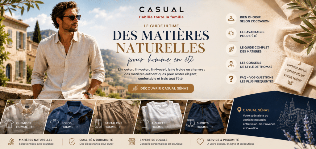 Guide des matières naturelles pour homme présenté par Casual Sénas, spécialiste du vestiaire masculin entre Salon-de-Provence et Cavaillon : lin, coton, lin-coton, pantalons, polos, chemises et vêtements homme pour l'été.